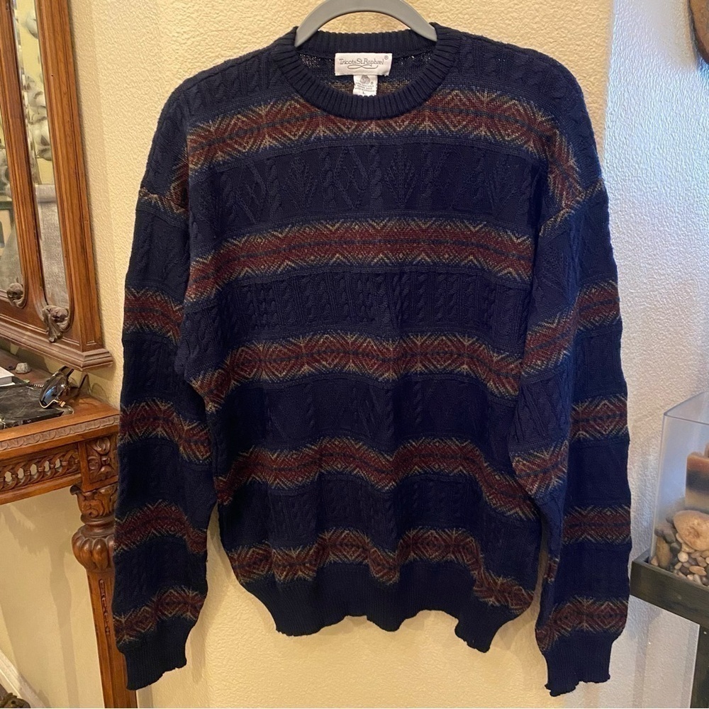 Vintage TRICOTS ST. RAPHAEL Pure New Wool Striped Patterned Sweater Size Large